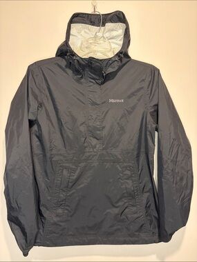 Marmot Black Lightweight Hooded Raincoat 1/2 Zipper + Zip Pockets Lined Size XS